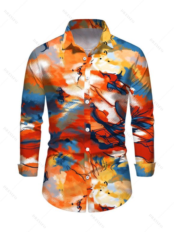 Vacation Couple Outfit Abstract Graffiti Print Turn Down Collar Ruched Bodycon Shirt Dress and Long Sleeve Shirt Set - multicolor S | US 4