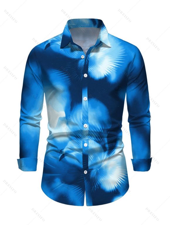 Vacation Couple Outfit Ombre Palm Leaf Print Turn Down Collar Ruched Bodycon Shirt Dress and Long Sleeve Shirt Set - Bleu S | US 4