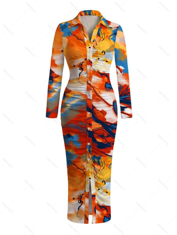 Vacation Shirt Dress Abstract Graffiti Print Turn Down Collar Ruched Bodycon Dress - multicolor S | US 4