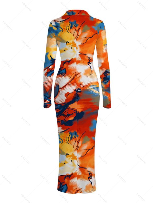 Vacation Shirt Dress Abstract Graffiti Print Turn Down Collar Ruched Bodycon Dress - multicolor S | US 4