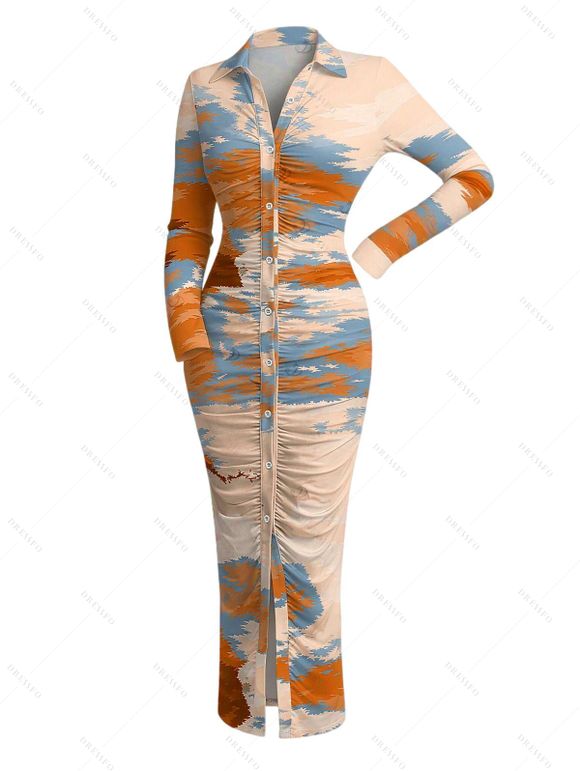 Vacation Couple Outfit Tie Dye Print Turn Down Collar Ruched Bodycon Shirt Dress and Long Sleeve Shirt Set - multicolor S | US 4