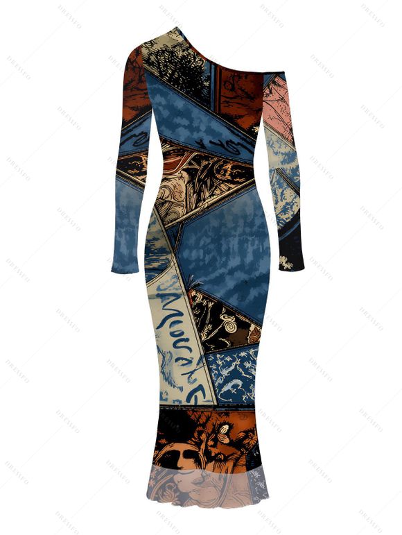 Vacation Couple Outfit Vintage Collage Poster Graphic Print Skew Neck Mesh Panel Bodycon Dress and Long Sleeve Shirt Set - multicolor S | US 4