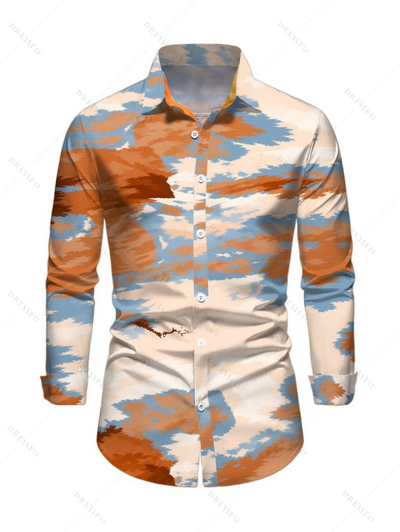 Vacation Couple Outfit Tie Dye Print Turn Down Collar Ruched Bodycon Shirt Dress and Long Sleeve Shirt Set - multicolor S | US 4