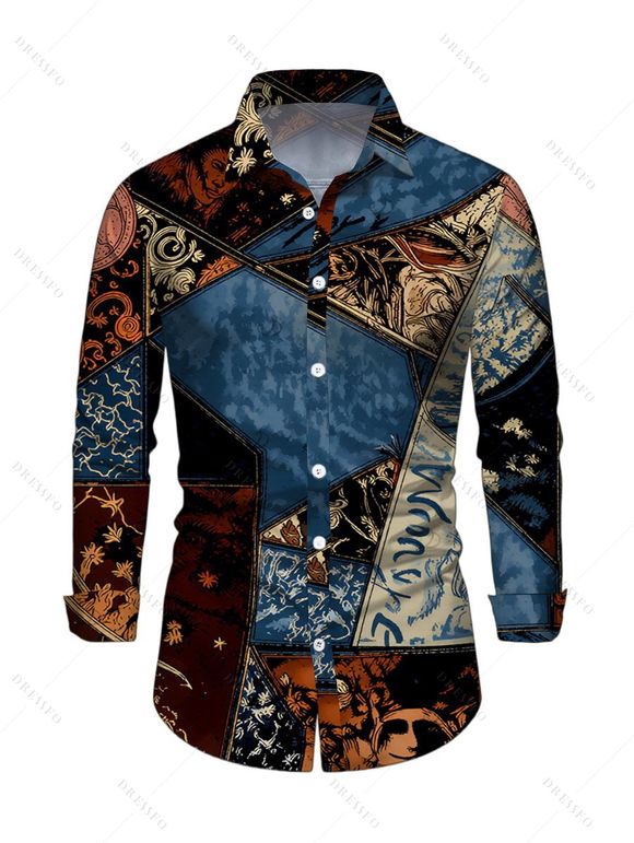 Vacation Couple Outfit Vintage Collage Poster Graphic Print Skew Neck Mesh Panel Bodycon Dress and Long Sleeve Shirt Set - multicolor S | US 4