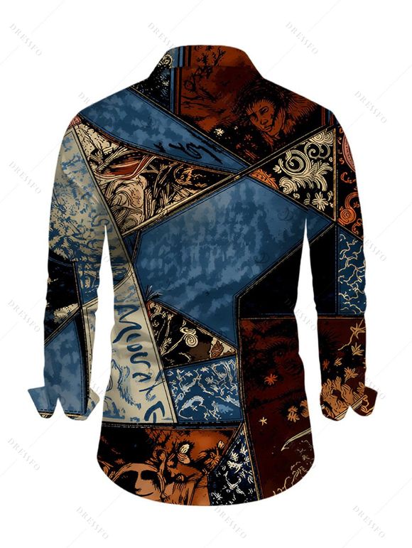 Vacation Couple Outfit Vintage Collage Poster Graphic Print Skew Neck Mesh Panel Bodycon Dress and Long Sleeve Shirt Set - multicolor S | US 4