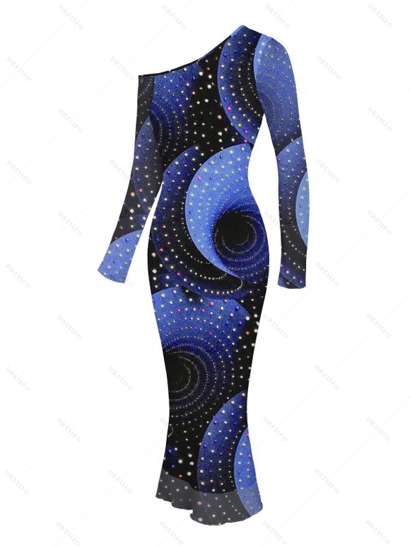 Vacation Dress Starry Sky Swirl Rhinestone Print Mesh Skew Neck Long Sleeve Bodycon Dress - Bleu profond XXL | US 14