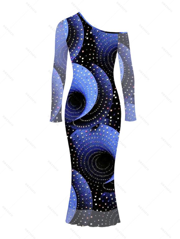 Vacation Dress Starry Sky Swirl Rhinestone Print Mesh Skew Neck Long Sleeve Bodycon Dress - Bleu profond XXL | US 14