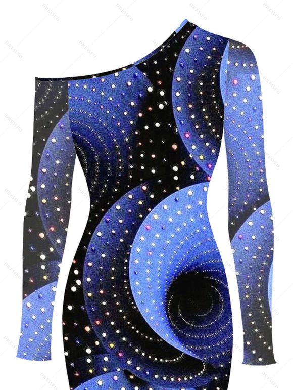 Vacation Dress Starry Sky Swirl Rhinestone Print Mesh Skew Neck Long Sleeve Bodycon Dress - Bleu profond XXL | US 14