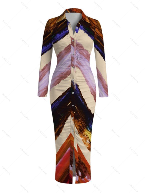 Vintage Shirt Dress Multicolor Oil Painting Ombre Arrow Print Ruched Turn Down Collar Bodycon Dress - multicolor A S | US 4