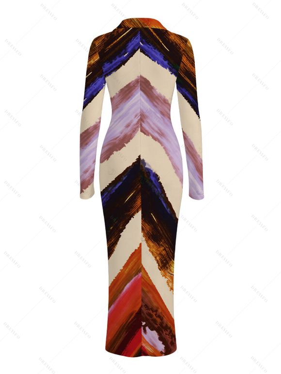 Vintage Shirt Dress Multicolor Oil Painting Ombre Arrow Print Ruched Turn Down Collar Bodycon Dress - multicolor A S | US 4