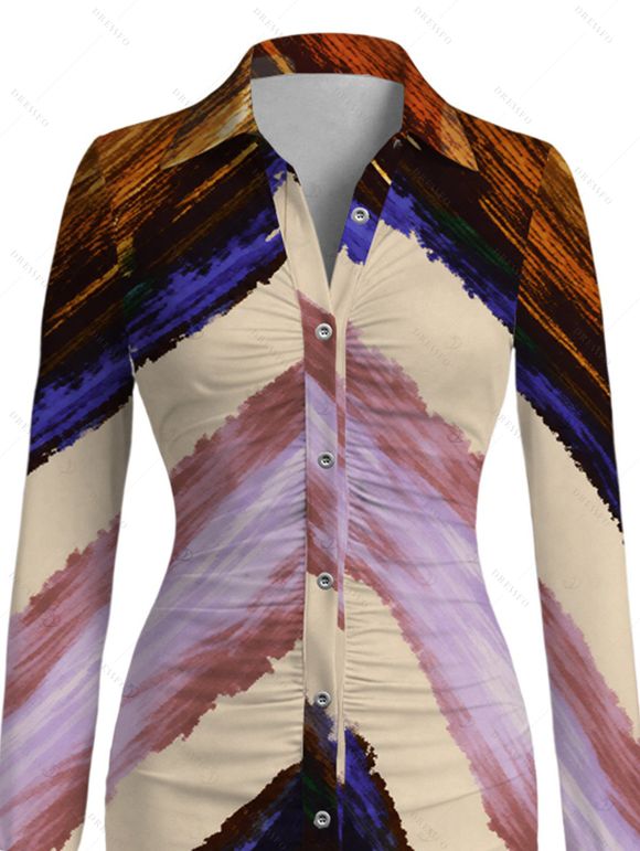 Vintage Shirt Dress Multicolor Oil Painting Ombre Arrow Print Ruched Turn Down Collar Bodycon Dress - multicolor A S | US 4