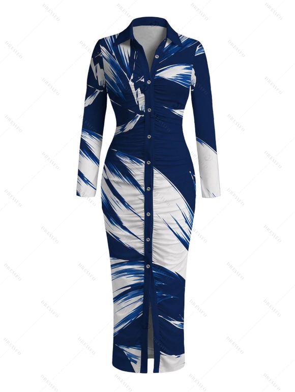 Vintage Shirt Dress Colorblock Abstract Brush Stroke Print Ruched Turn Down Collar Bodycon Dress - Bleu profond S | US 4