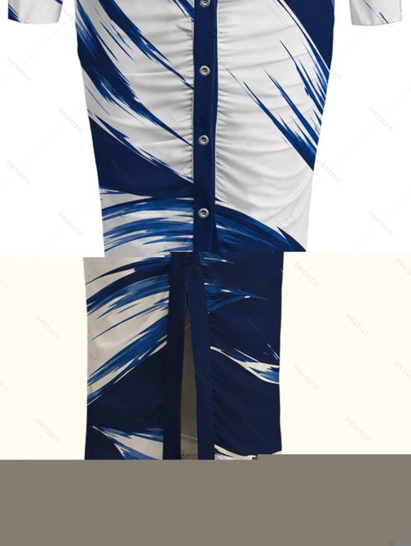 Vintage Shirt Dress Colorblock Abstract Brush Stroke Print Ruched Turn Down Collar Bodycon Dress - Bleu profond S | US 4