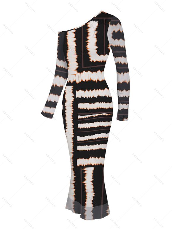 Vacation Dress Colorblock Tie Dye Striped Print Mesh Skew Neck Mesh Long Sleeve Bodycon Dress - Noir M | US 6