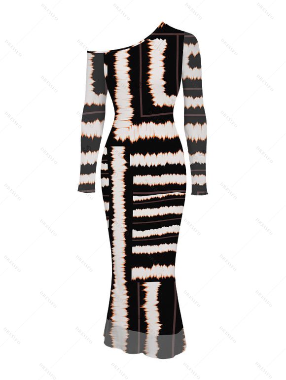 Vacation Dress Colorblock Tie Dye Striped Print Mesh Skew Neck Mesh Long Sleeve Bodycon Dress - Noir M | US 6