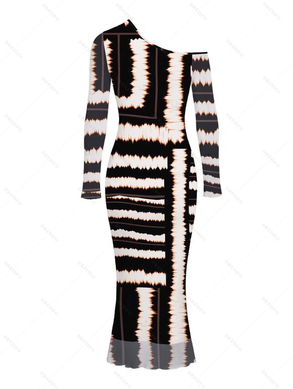 Vacation Dress Colorblock Tie Dye Striped Print Mesh Skew Neck Mesh Long Sleeve Bodycon Dress - Noir M | US 6