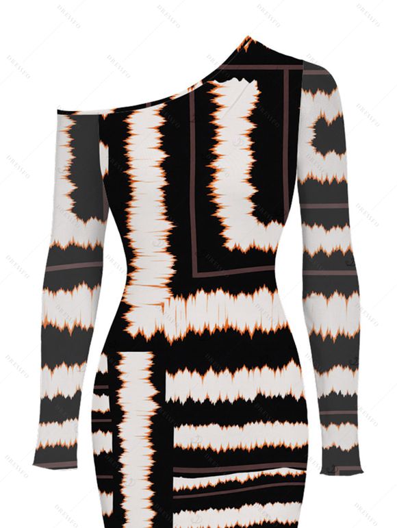 Vacation Dress Colorblock Tie Dye Striped Print Mesh Skew Neck Mesh Long Sleeve Bodycon Dress - Noir M | US 6