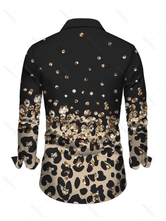 Men's Vintage Shirt Leopard Print Panel Button Up Long Sleeve Shirt - Noir 5XL