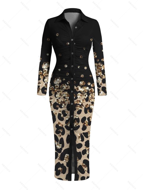 Vintage Shirt Dress Leopard Print Panel Turn Down Collar Ruched Bodycon Dress - Noir XL | US 12