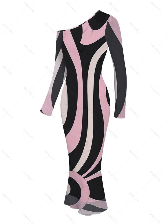 Vintage Dress Colorblock Geometric Swirl Print Mesh Skew Neck Long Sleeve Bodycon Dress - multicolor A S | US 4