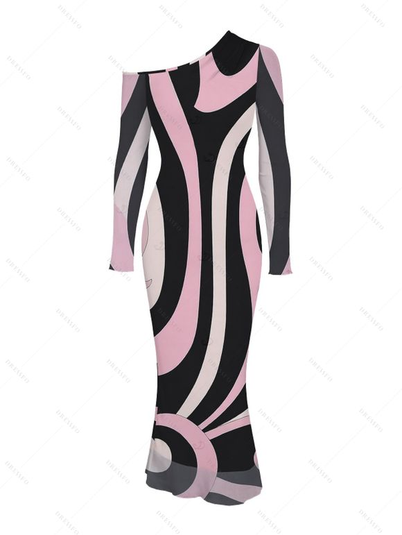 Vintage Dress Colorblock Geometric Swirl Print Mesh Skew Neck Long Sleeve Bodycon Dress - multicolor A S | US 4