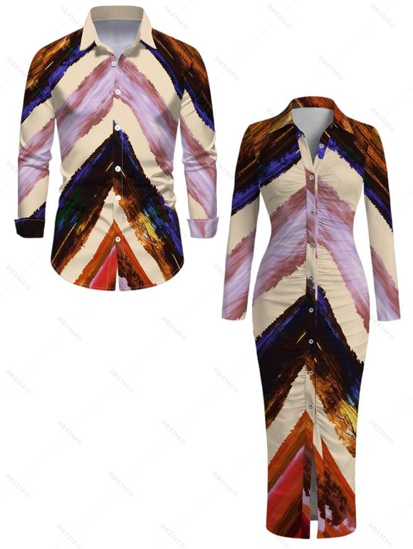 Vintage Couple Outfit Multicolor Oil Painting Ombre Arrow Print Ruched Turn Down Collar Bodycon Shirt Dress and Long Sleeve Shirt Set - multicolor A S | US 4