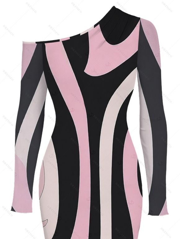 Vintage Dress Colorblock Geometric Swirl Print Mesh Skew Neck Long Sleeve Bodycon Dress - multicolor A S | US 4