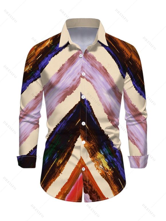 Vintage Couple Outfit Multicolor Oil Painting Ombre Arrow Print Ruched Turn Down Collar Bodycon Shirt Dress and Long Sleeve Shirt Set - multicolor A S | US 4