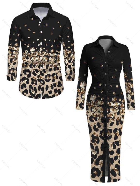 Vintage Couple Outfit Leopard Print Panel Turn Down Collar Ruched Bodycon Shirt Dress and Long Sleeve Shirt Set - Noir S | US 4