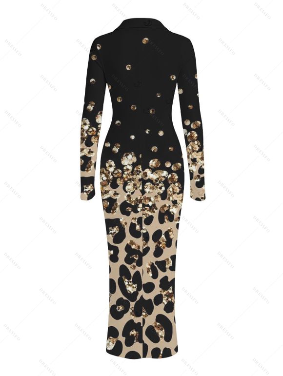 Vintage Couple Outfit Leopard Print Panel Turn Down Collar Ruched Bodycon Shirt Dress and Long Sleeve Shirt Set - Noir S | US 4