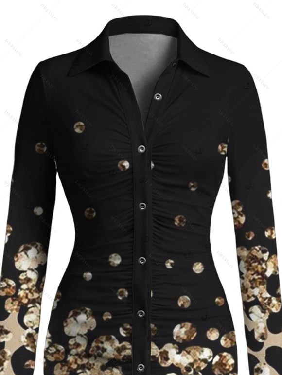 Vintage Couple Outfit Leopard Print Panel Turn Down Collar Ruched Bodycon Shirt Dress and Long Sleeve Shirt Set - Noir S | US 4
