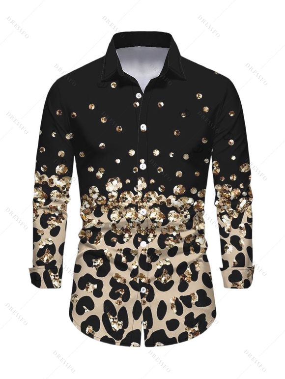 Vintage Couple Outfit Leopard Print Panel Turn Down Collar Ruched Bodycon Shirt Dress and Long Sleeve Shirt Set - Noir S | US 4