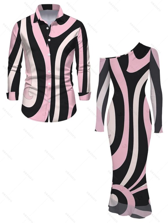 Vintage Couple Outfit Colorblock Geometric Swirl Print Mesh Skew Neck Bodycon Dress and Long Sleeve Shirt Set - multicolor A S | US 4