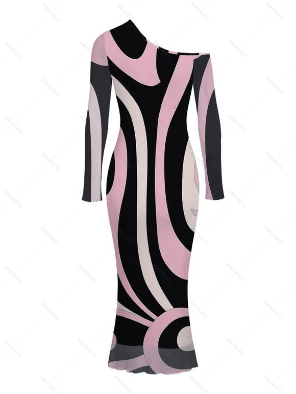 Vintage Couple Outfit Colorblock Geometric Swirl Print Mesh Skew Neck Bodycon Dress and Long Sleeve Shirt Set - multicolor A S | US 4