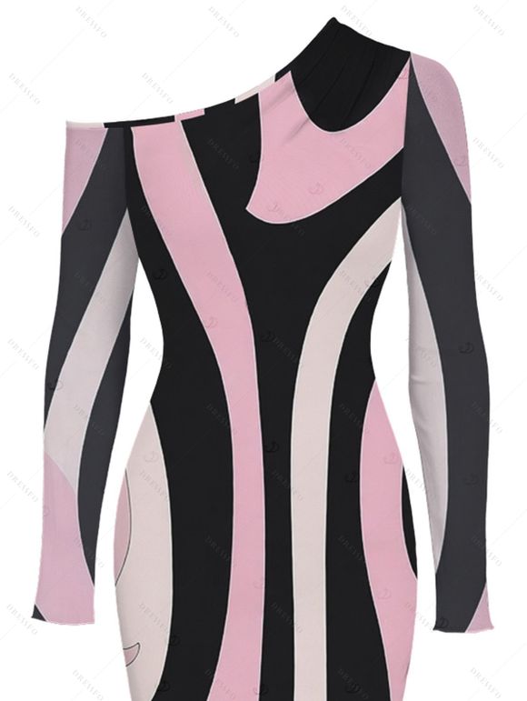 Vintage Couple Outfit Colorblock Geometric Swirl Print Mesh Skew Neck Bodycon Dress and Long Sleeve Shirt Set - multicolor A S | US 4