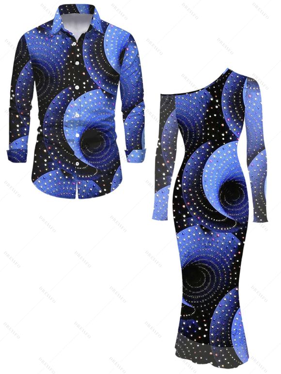 Vacation Couple Outfit Starry Sky Swirl Rhinestone Print Mesh Skew Neck Bodycon Dress and Long Sleeve Shirt Set - Bleu profond S | US 4