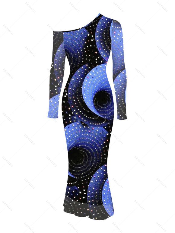 Vacation Couple Outfit Starry Sky Swirl Rhinestone Print Mesh Skew Neck Bodycon Dress and Long Sleeve Shirt Set - Bleu profond S | US 4
