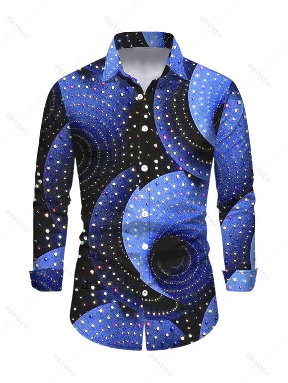 Vacation Couple Outfit Starry Sky Swirl Rhinestone Print Mesh Skew Neck Bodycon Dress and Long Sleeve Shirt Set - Bleu profond S | US 4