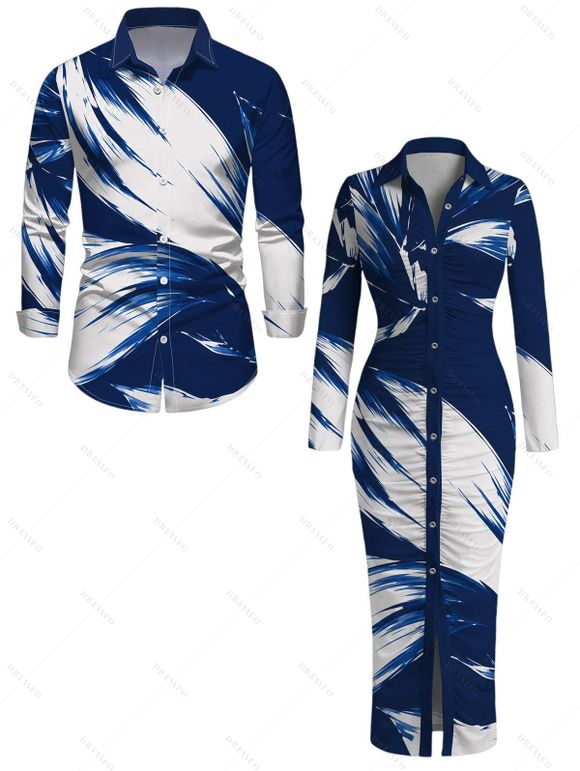 Vintage Couple Outfit Colorblock Abstract Brush Stroke Print Ruched Turn Down Collar Bodycon Shirt Dress and Long Sleeve Shirt Set - Bleu profond S | US 4
