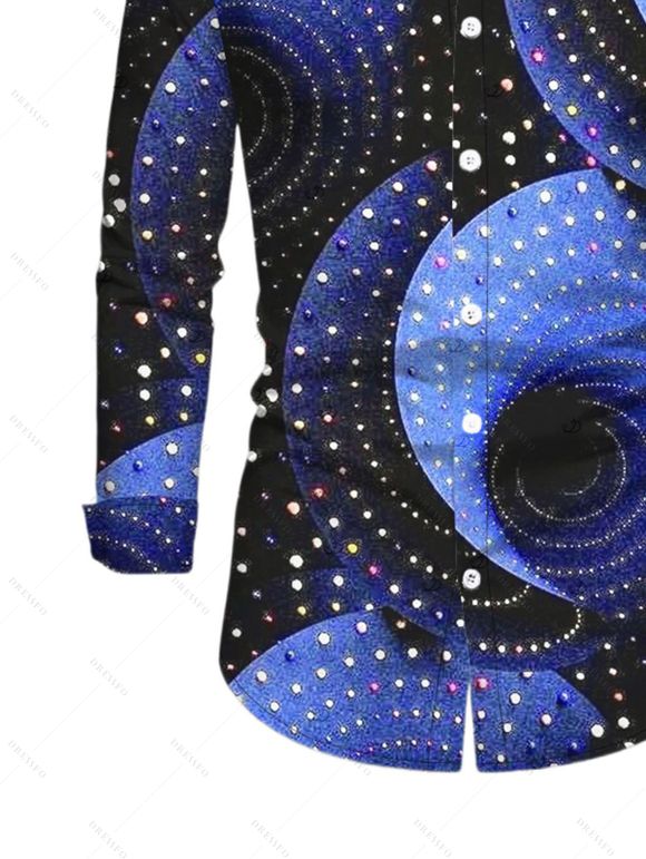 Vacation Couple Outfit Starry Sky Swirl Rhinestone Print Mesh Skew Neck Bodycon Dress and Long Sleeve Shirt Set - Bleu profond S | US 4