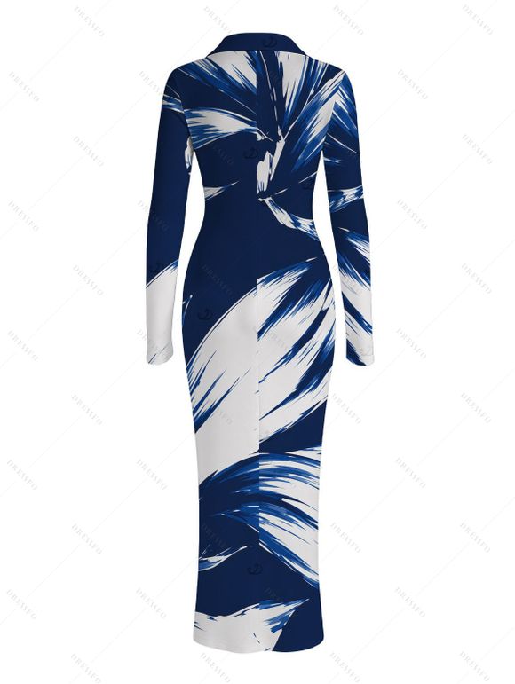 Vintage Couple Outfit Colorblock Abstract Brush Stroke Print Ruched Turn Down Collar Bodycon Shirt Dress and Long Sleeve Shirt Set - Bleu profond S | US 4