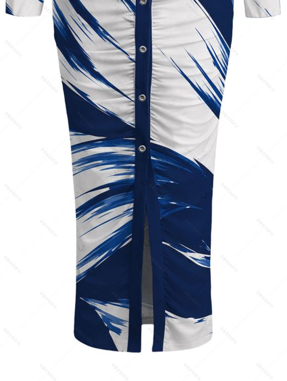 Vintage Couple Outfit Colorblock Abstract Brush Stroke Print Ruched Turn Down Collar Bodycon Shirt Dress and Long Sleeve Shirt Set - Bleu profond S | US 4