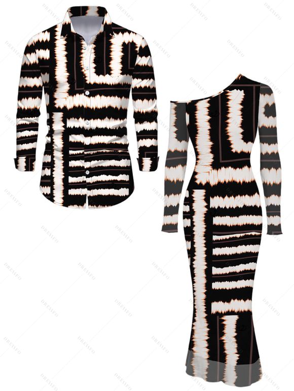 Vacation Couple Outfit Colorblock Tie Dye Striped Print Mesh Skew Neck Mesh Bodycon Dress and Long Sleeve Shirt Set - Noir S | US 4
