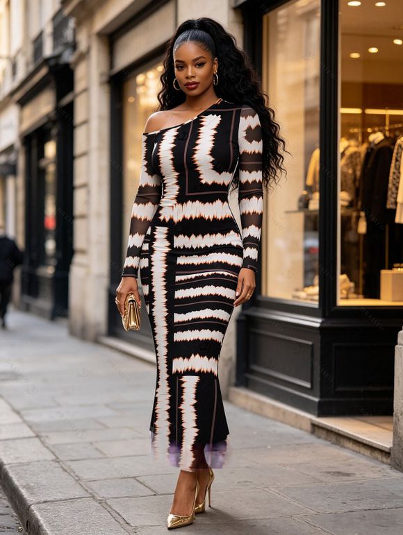 Vacation Couple Outfit Colorblock Tie Dye Striped Print Mesh Skew Neck Mesh Bodycon Dress and Long Sleeve Shirt Set - Noir S | US 4