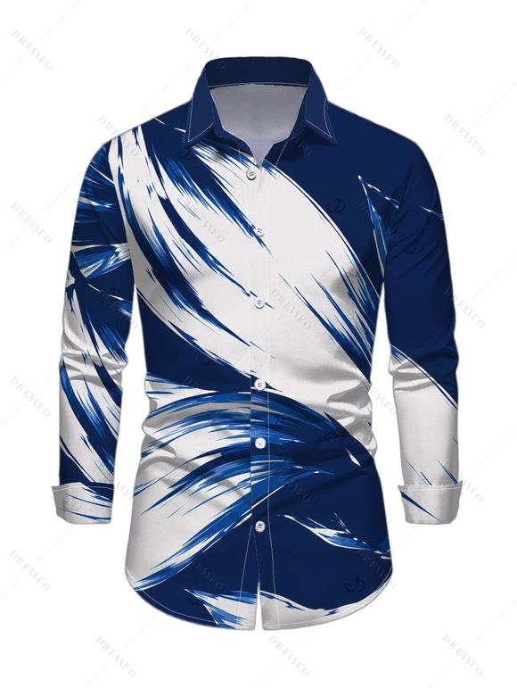 Vintage Couple Outfit Colorblock Abstract Brush Stroke Print Ruched Turn Down Collar Bodycon Shirt Dress and Long Sleeve Shirt Set - Bleu profond S | US 4