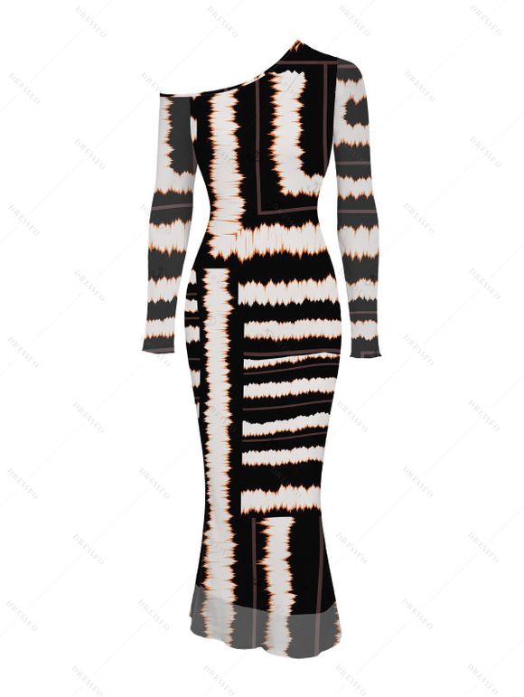 Vacation Couple Outfit Colorblock Tie Dye Striped Print Mesh Skew Neck Mesh Bodycon Dress and Long Sleeve Shirt Set - Noir S | US 4