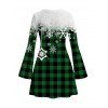 Christmas Sweater Dress Colorblock Plaid Snowflake Print Bell Sleeve A Line Mini Dress - Vert profond S | US 4