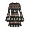 Christmas Sweater Dress Fair Isle Jacquard Christmas Tree Snowflake Print Bell Sleeve A Line Mini Dress - Noir S | US 4