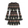 Christmas Sweater Dress Fair Isle Jacquard Christmas Tree Snowflake Print Bell Sleeve A Line Mini Dress - Noir XXL | US 14