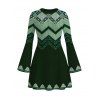 Ethnic Christmas Sweater Dress Vintage Nordic Fair Isle Jacquard Zig Zag Print Bell Sleeve Dress - Vert profond M | US 6